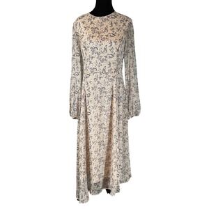 Farrow Floral Long Sleeve Midi Dress Beige Blue Chiffon Size Medium